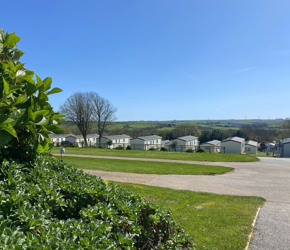 a row of white houses sit on a lush green hillside