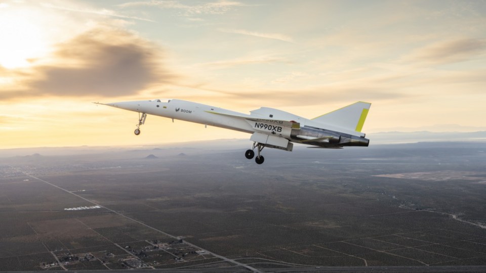Pilot  Tristan "Geppetto Brandenburg tests flight - plane  XB-1 taking off from the Mojave Desert in California