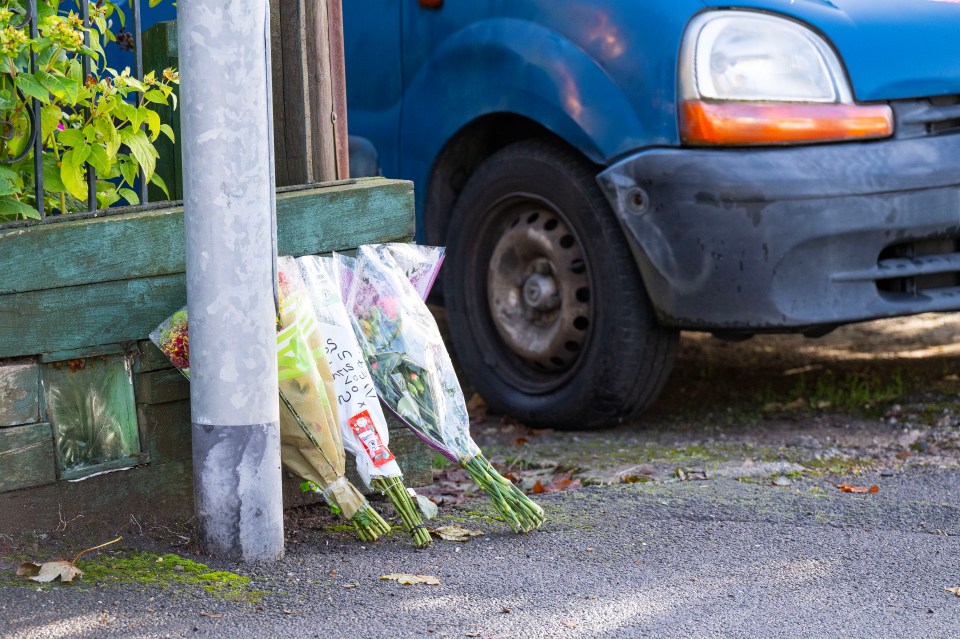 a bunch of flowers on the side of the road next to a blue van