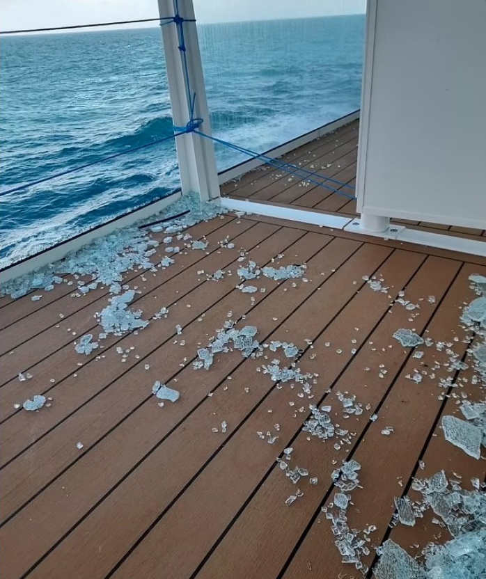 a deck with a lot of broken glass on it