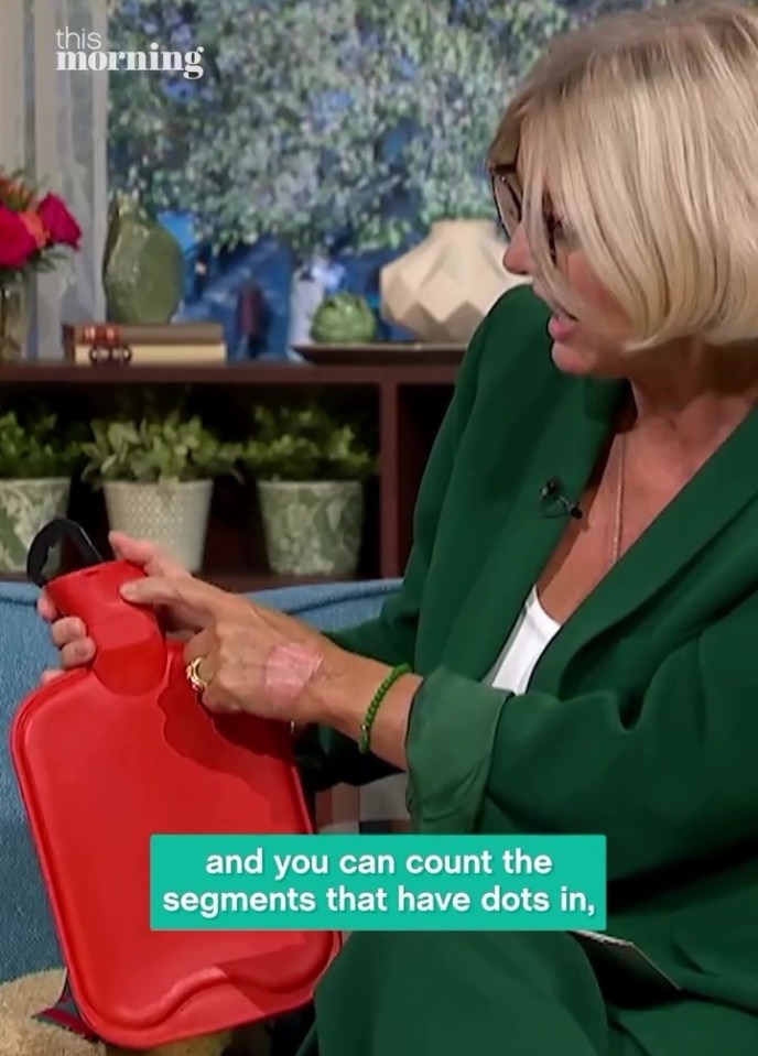 a woman is holding a hot water bottle and says " and you can count the segments that have dots in "