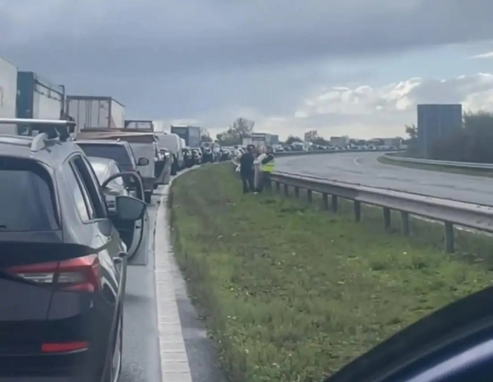 cars are lined up on the side of a highway