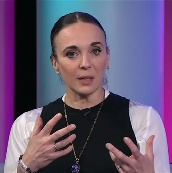 a woman talks on a newsnight show