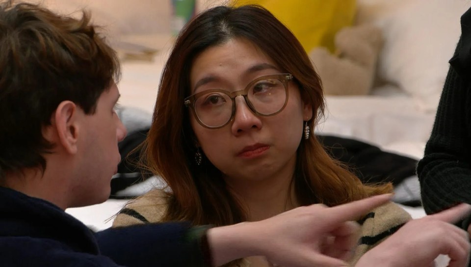 a woman wearing glasses is talking to a man with a red watermark that says ' big brother ' on it