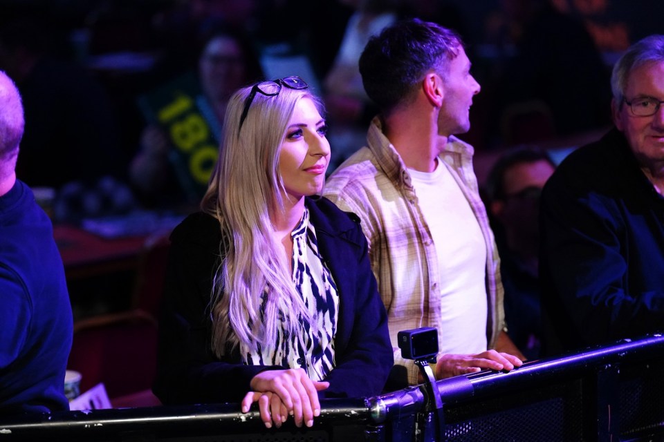 Fallon Sherrock is seen in the crowd before Cameron Menzies match against Rusty-Jake Rodriguez on day one of the Paddy Power World Darts Championship at Alexandra Palace, London. Picture date: Friday December 15, 2023. PA Photo. See PA story DARTS World. Photo credit should read: Zac Goodwin/PA Wire RESTRICTIONS: Use subject to restrictions. Editorial use only, no commercial use without prior consent from rights holder.