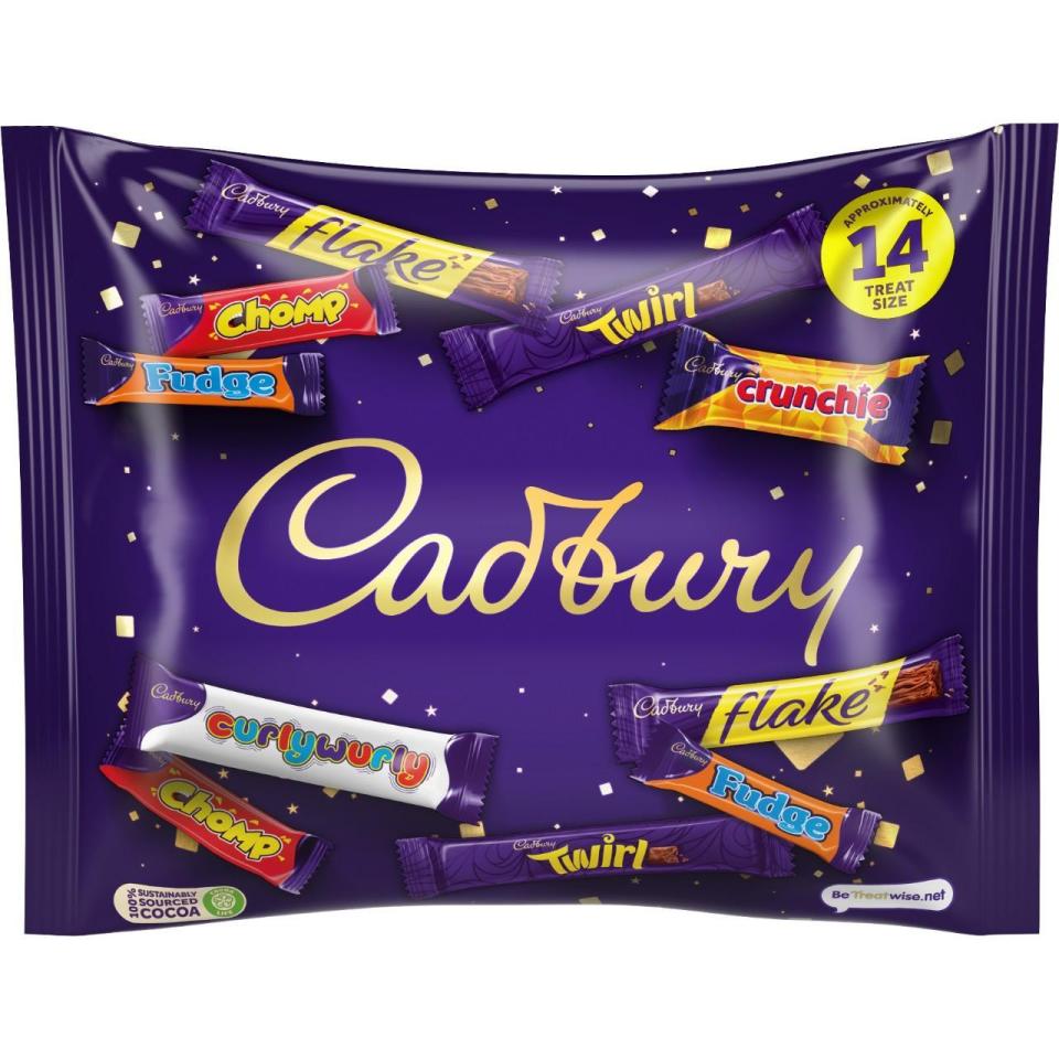 a bag of cadbury candy including flake and twirl