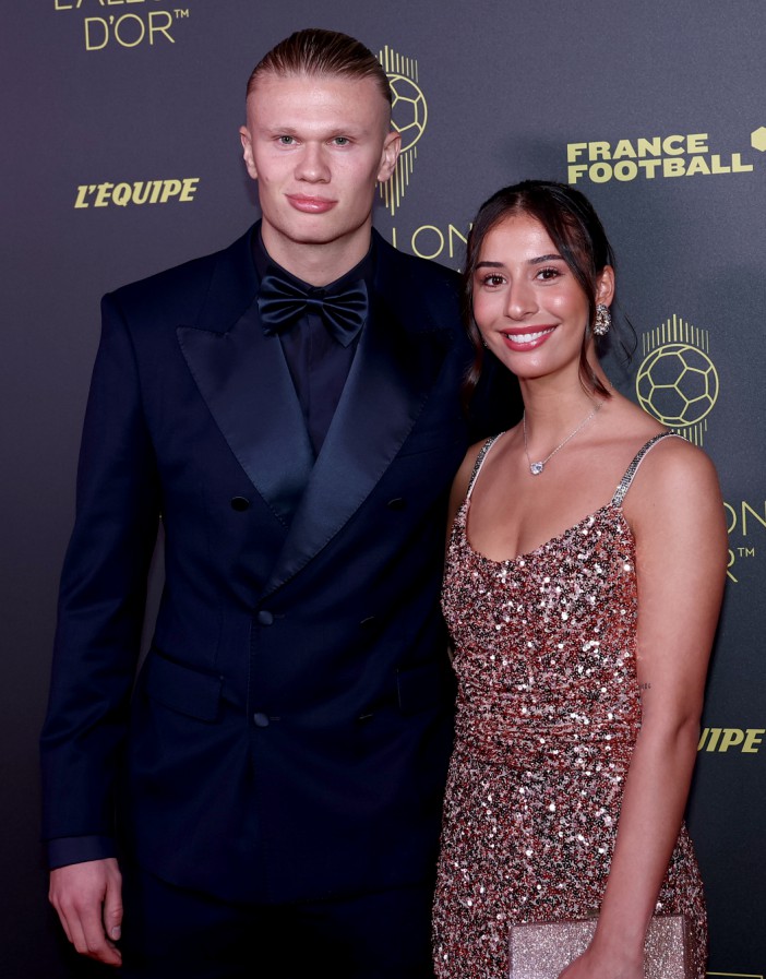 epa10949387 Manchester City striker Erling Haaland (L) and partner Isabel Haugseng Johansen arrive for the Ballon d'Or 2023 ceremony at the Theatre du Chatelet in Paris, France, 30 October 2023. EPA/MOHAMMED BADRA