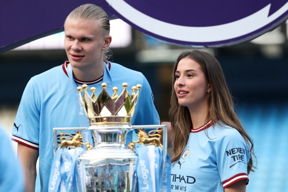 MANCHESTER, ENGLAND - MAY 21: Erling Haaland of Manchester City with his girlfriend, Isabel Haugseng Johansen during the Premier League match between Manchester City and Chelsea FC at Etihad Stadium on May 21, 2023 in Manchester, United Kingdom. (Photo by Matthew Ashton - AMA/Getty Images)