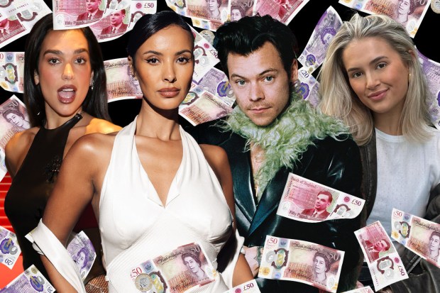 a man and two women are surrounded by 50 pound notes