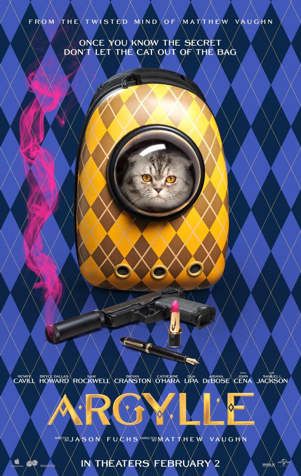a movie poster for argyle shows a cat in a backpack