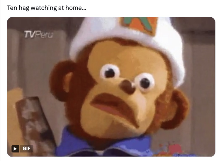 a picture of a stuffed monkey with the caption " ten hag watching at home "