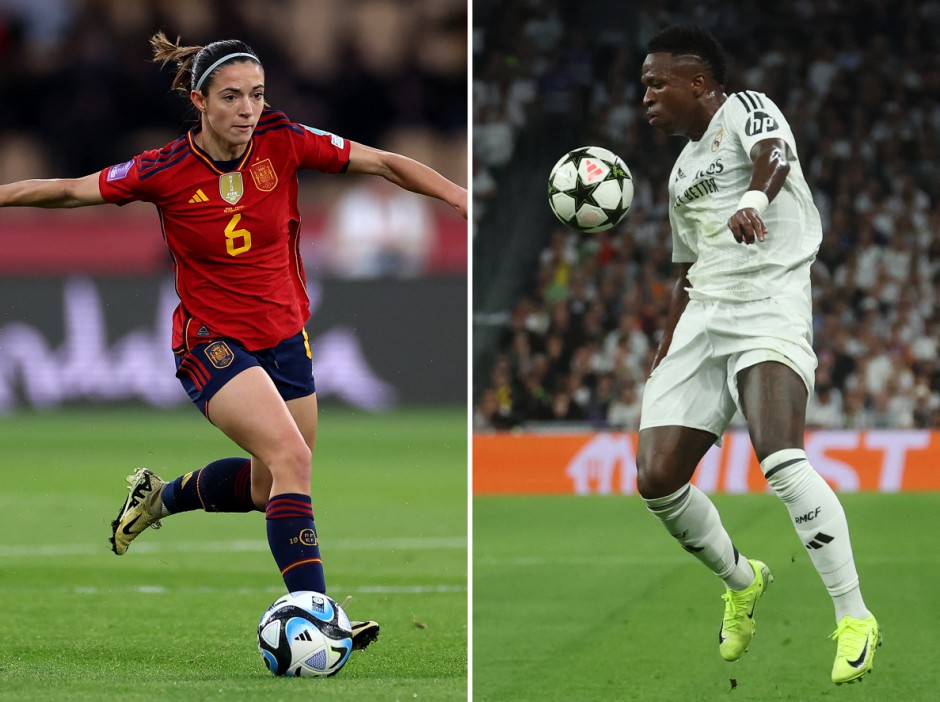 (COMBO) This combination of file pictures created on October 28, 2024 shows Real Madrid's Brazilian forward Vinicius Junior (R) controling the ball during the UEFA Champions League football match between Real Madrid CF and Borussia Dortmund in Madrid on October 22, 2024 and Spain's midfielder Aitana Bonmati controling the ball during the UEFA Women's Nations League final football match between Spain and France in Seville, on February 28, 2024. Real Madrid's Brazilian striker Vinicius Jr could be the next winner of the Ballon d'Or on Monday, at the ceremony for the prestigious award, which could well be won for the second year running by Spain's Aitana Bonmati. (Photo by Pierre-Philippe MARCOU and FRANCK FIFE / AFP) (Photo by PIERRE-PHILIPPE MARCOUFRANCK FIFE/AFP via Getty Images)