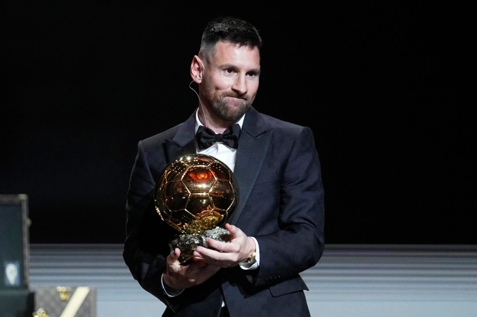 FILE - Argentina's national team player Lionel Messi receives the 2023 Ballon d'Or trophy during the 67th Ballon d'Or (Golden Ball) award ceremony at Theatre du Chatelet in Paris, France, on Oct. 30, 2023. (AP Photo/Michel Euler)
