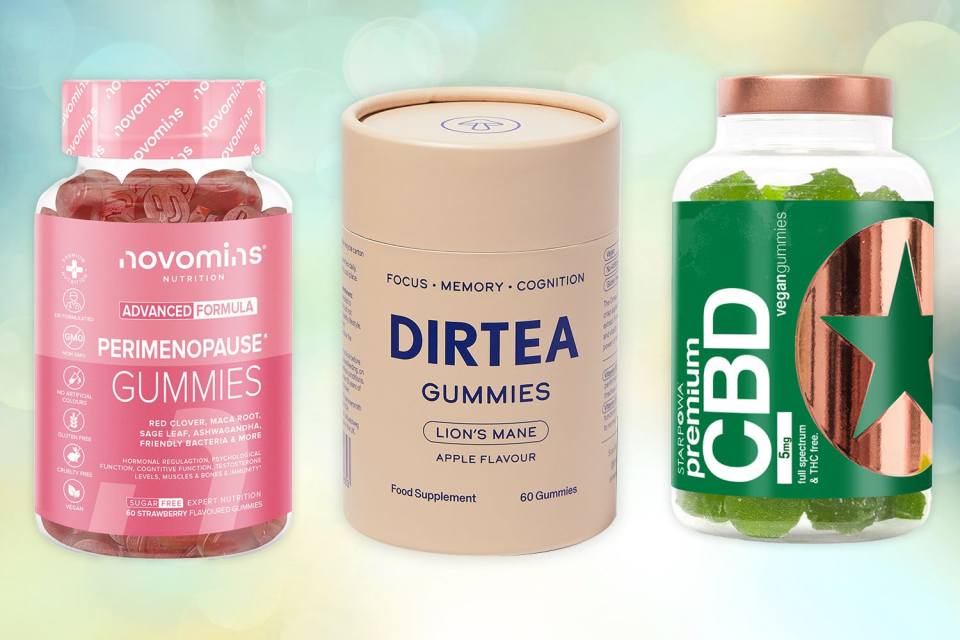 a bottle of novomins perimenopause gummies sits next to a bottle of dirtea gummies