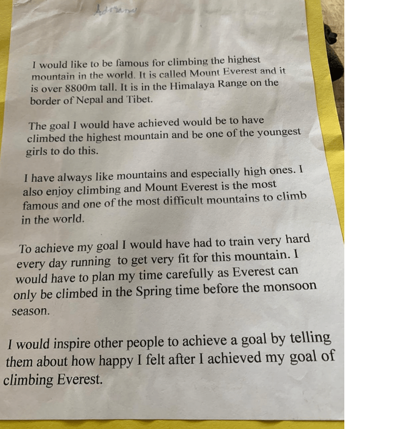 a piece of paper that says i would like to be famous for climbing the highest mountain in the world
