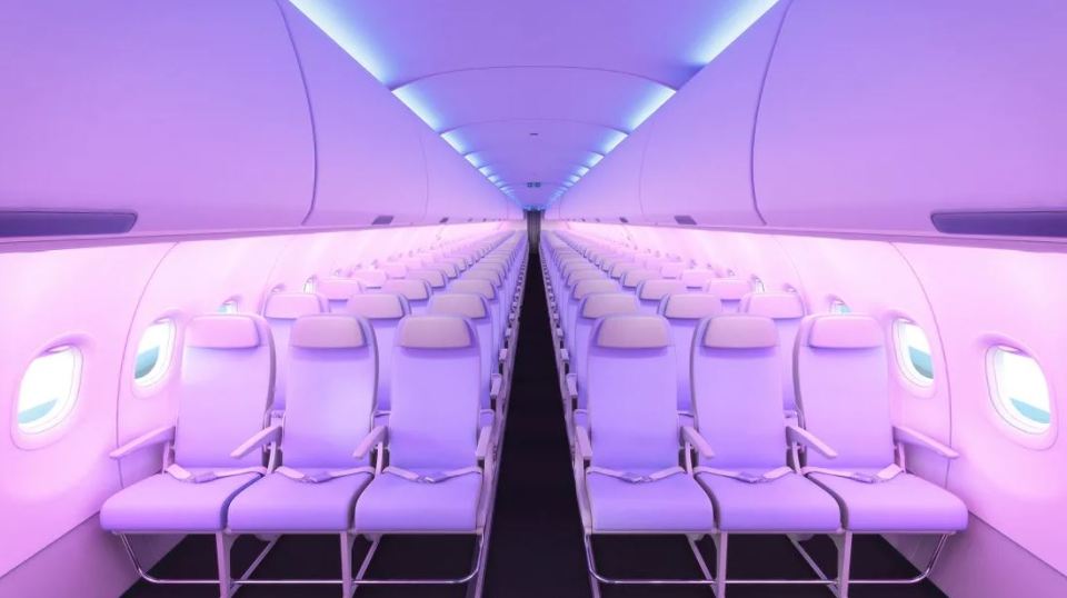 an airplane with purple seats and purple lights