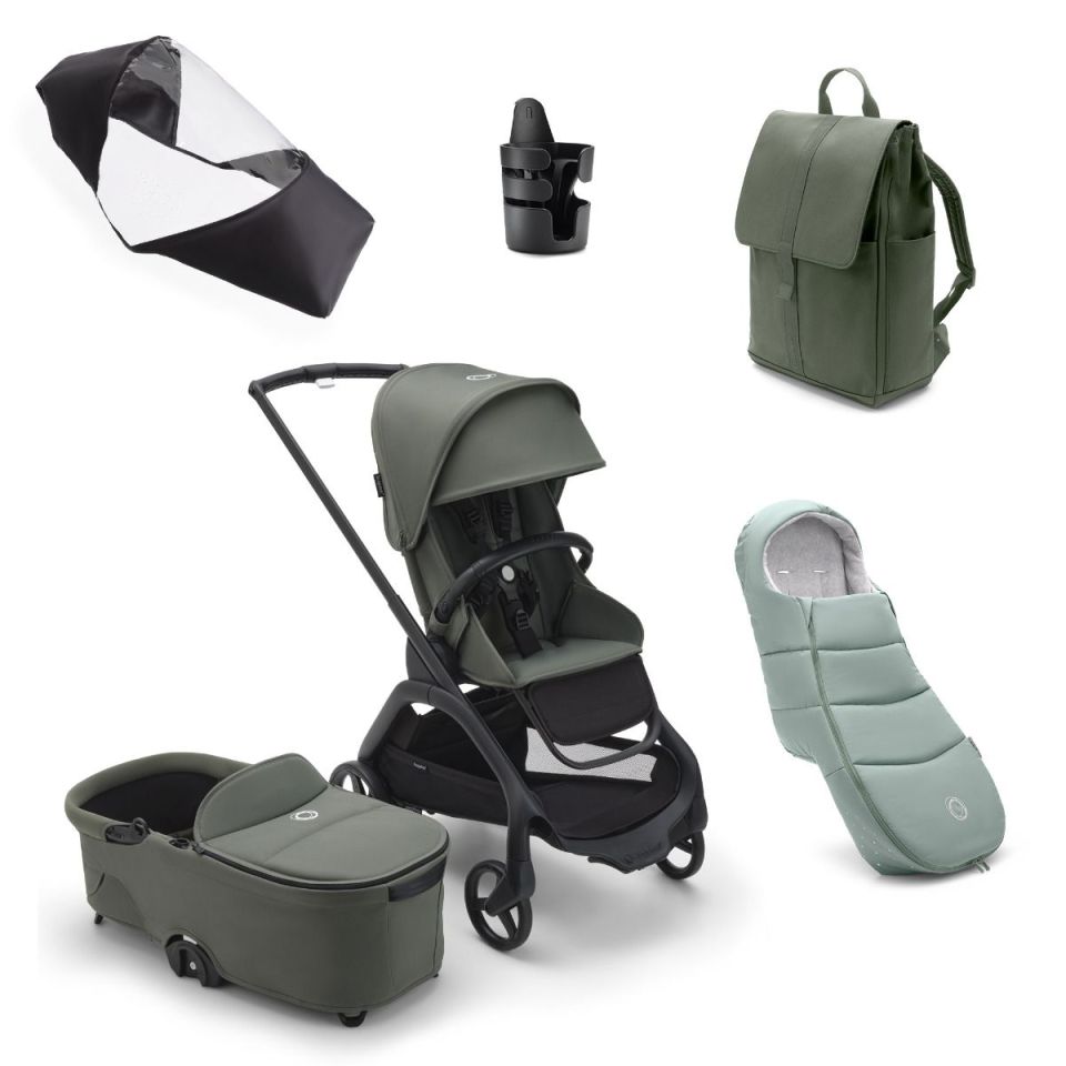 a bugaboo stroller is surrounded by various accessories
