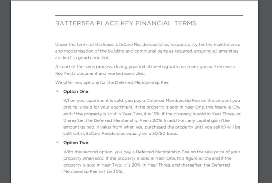 a page that says battersea place key financial terms on it