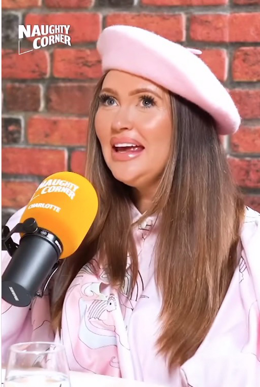 a woman wearing a pink beret is talking into a naughty corner microphone