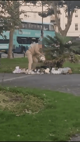 a man is standing in front of a pile of trash in a park .