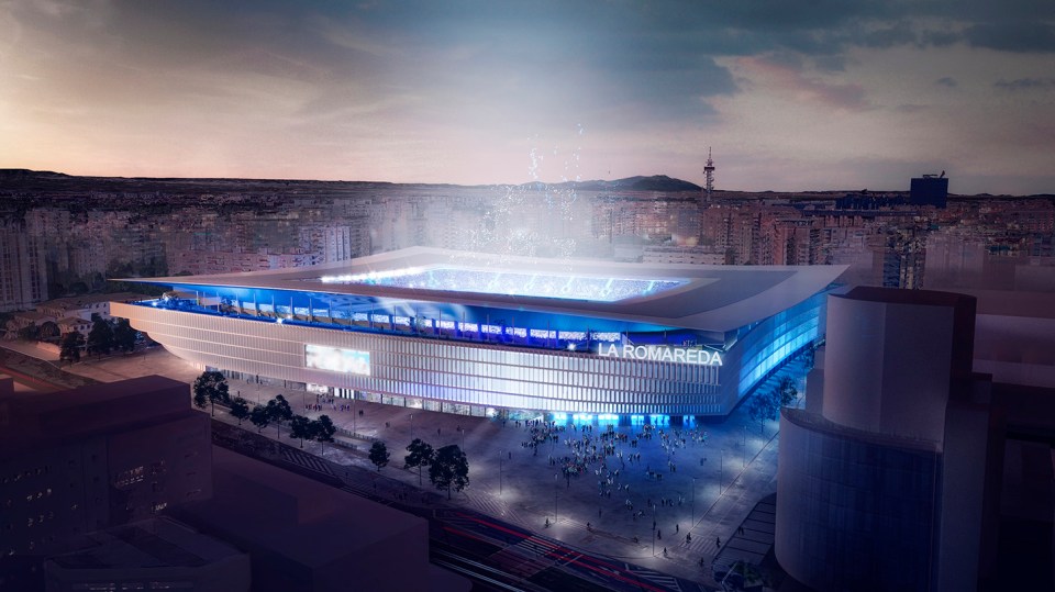 an aerial view of a stadium that says la romareda