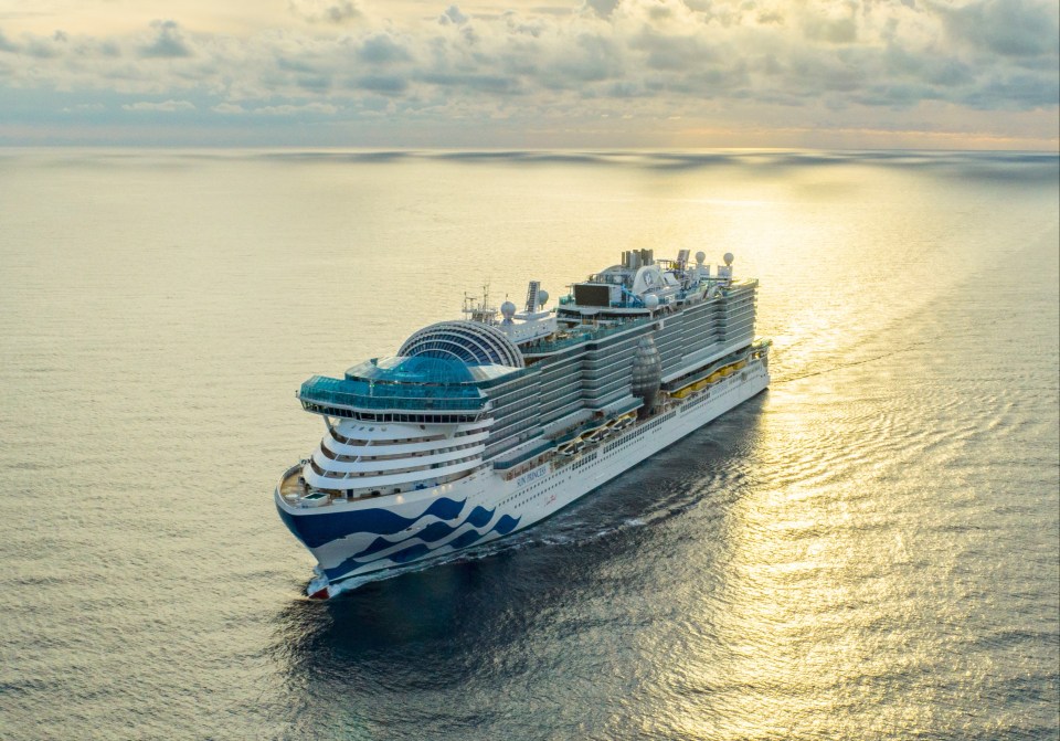 a large cruise ship is floating in the ocean at sunset