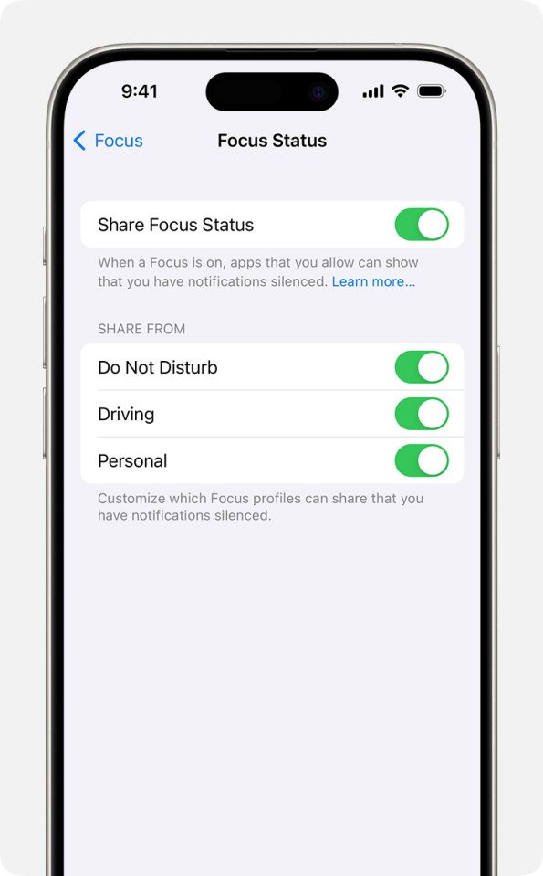 a phone screen showing the focus status settings