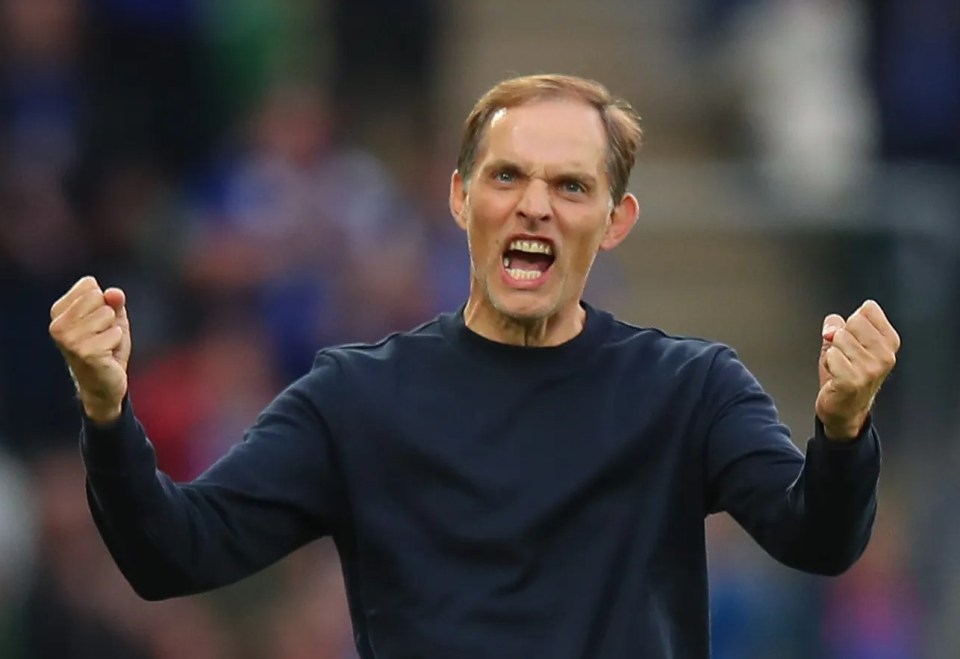 a man stands on a soccer field with his fist in the air