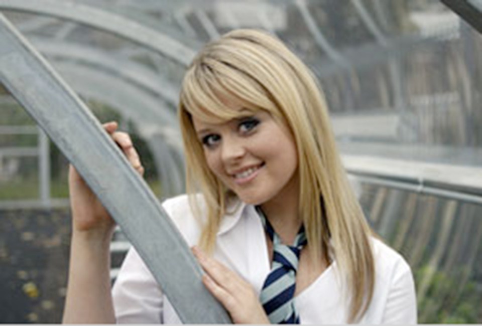 a blonde woman wearing a white shirt and blue tie