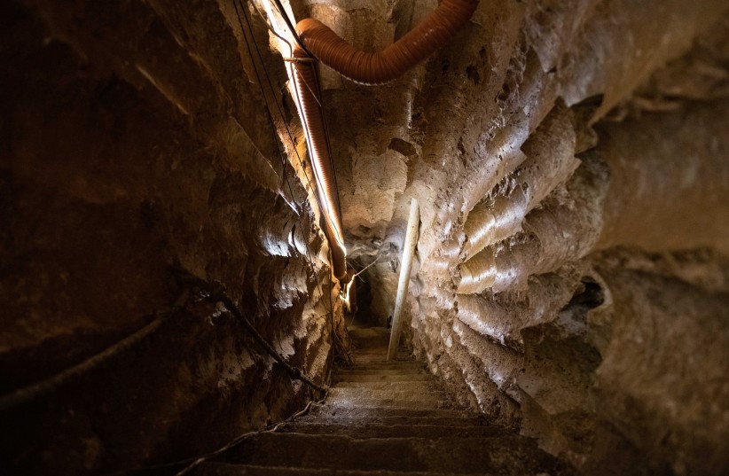 A picture taken on May 22, 2020 shows part of a 200-metre-long tunnel that Hezbollah fighters built over three years to combat Israeli forces, at the Hezbollah memorial landmark in the hilltop bastion of Mleeta, built in 2010 to commemorate Israel's withdrawal from the country, near the Lebanese southern village of Jarjouaa. - Twenty years after the withdrawal of Israeli forces from Lebanon, Hezbollah still enjoys wide support among youth regaled with tales of the Shiite group ending 22 years of Israeli occupation.<br />
The group continues to leverage the memory of this "victory" to mould a new generation of loyalists gearing up to join its regional operations. (Photo by JOSEPH EID / AFP) (Photo by JOSEPH EID/AFP via Getty Images)