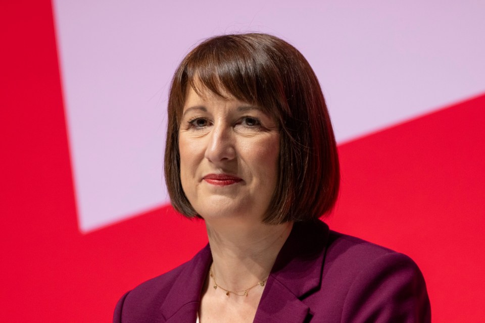 a woman in a purple jacket stands in front of a red and white background