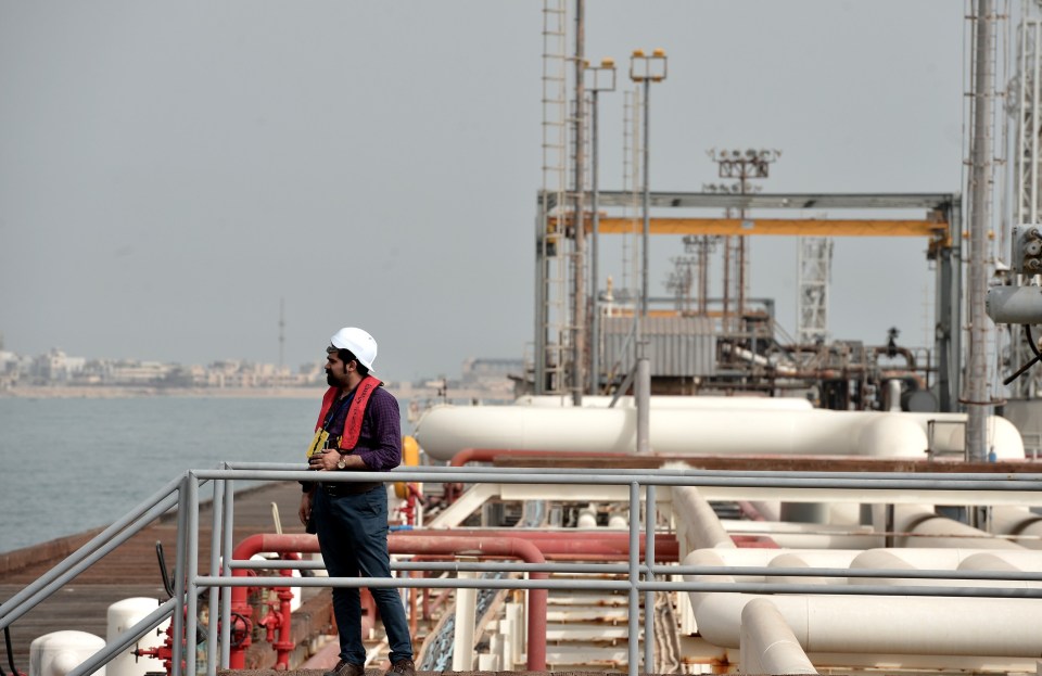 a man wearing a hard hat stands on a railing overlooking the ocean