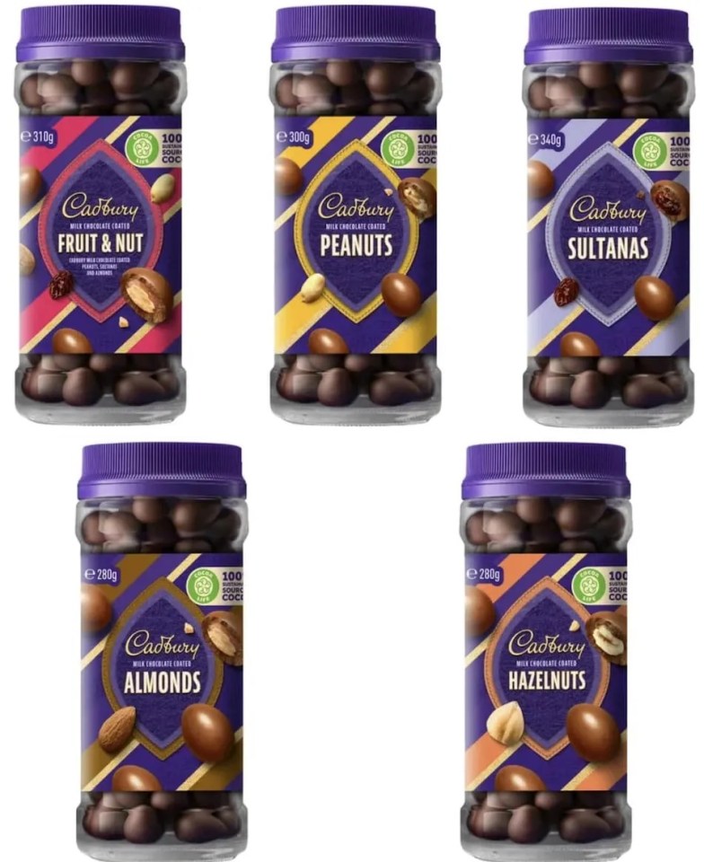 four jars of cadbury chocolate covered nuts in different flavors