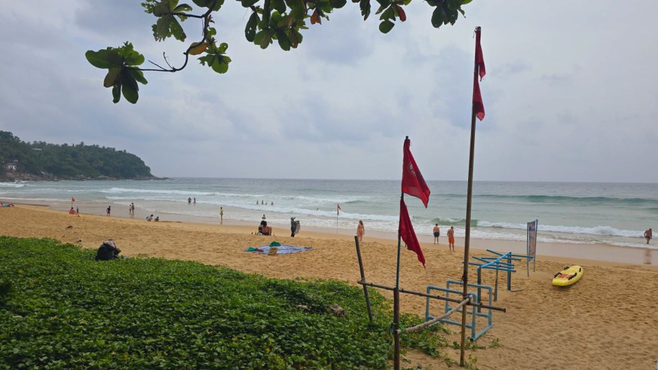 a beach with a red flag that says ' no diving ' on it