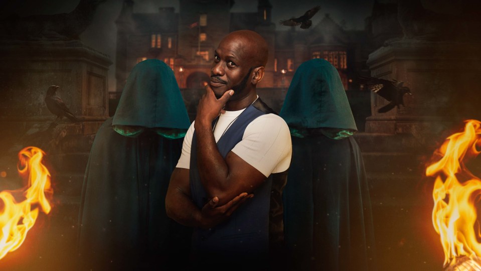 a man is standing in front of a group of ghosts