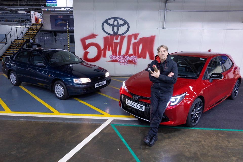 a man stands next to a toyota car in a parking lot