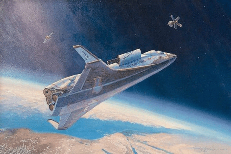 a painting of an u.s. space shuttle in space