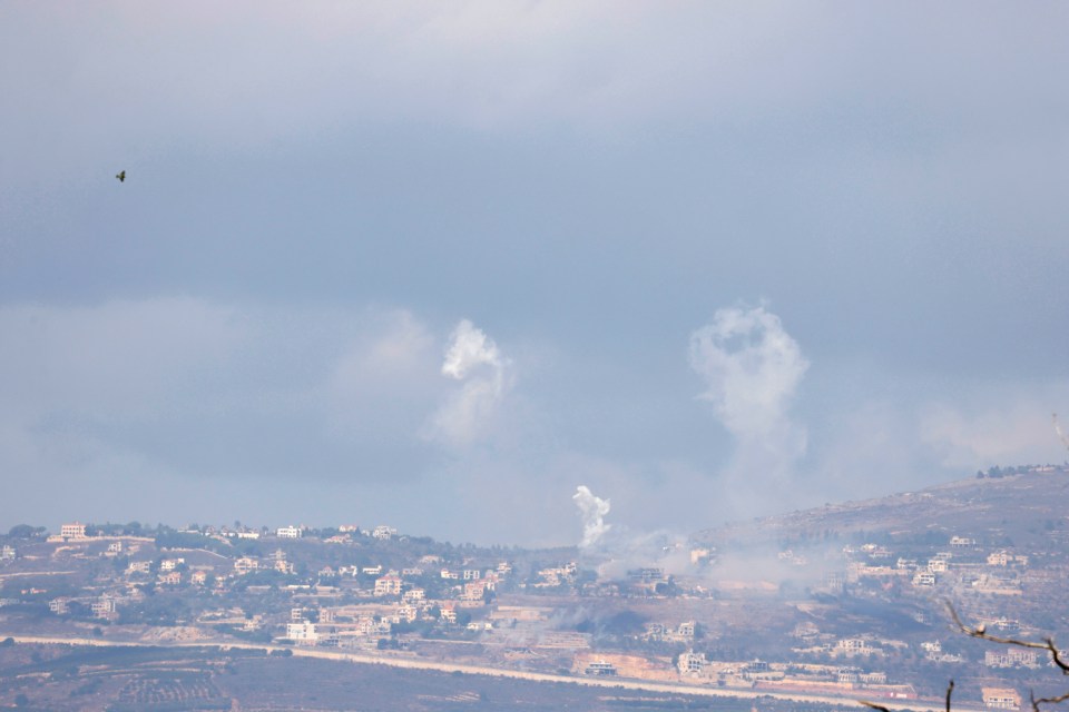 a bird flies over a hillside with smoke coming out of it