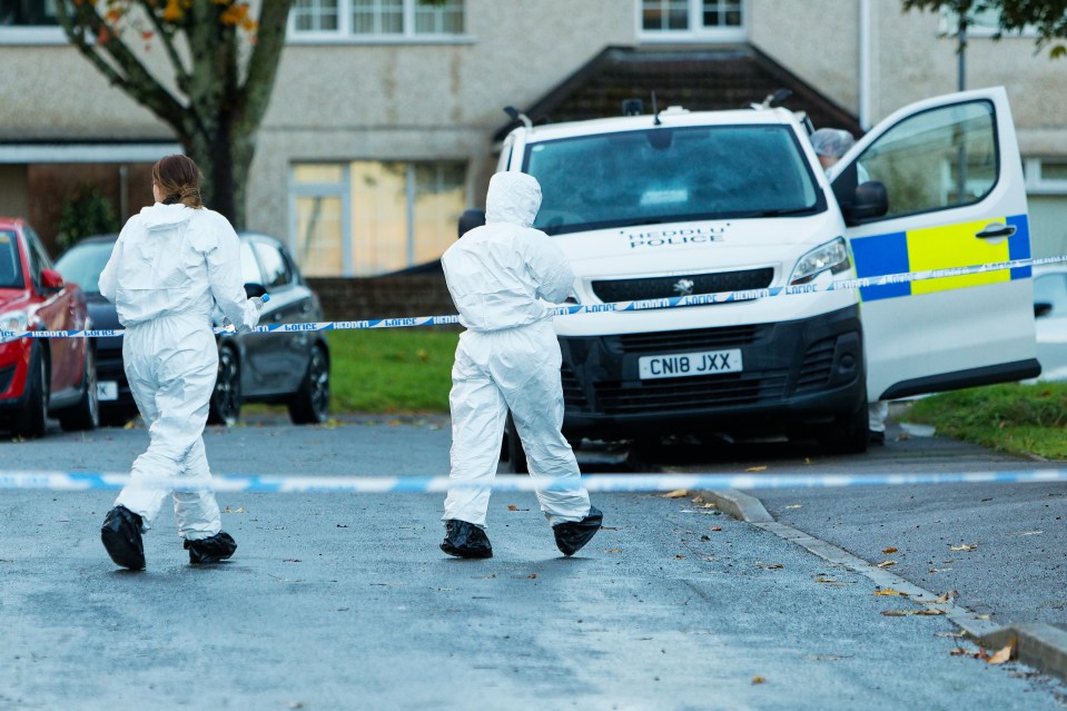 two forensic officers are walking in front of a white van with the license plate cni8jxx