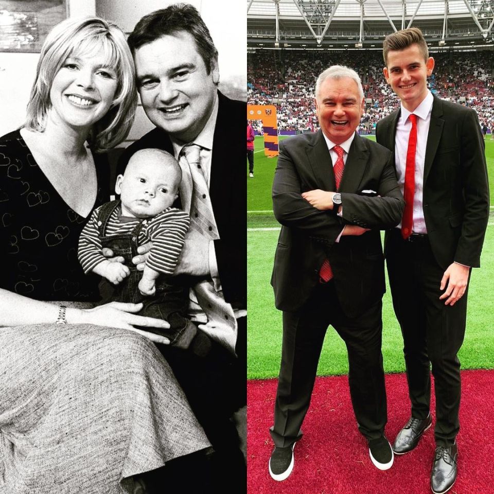 a black and white photo of a woman holding a baby next to a man in a suit