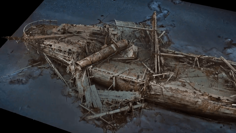 a painting of a shipwreck with a black background
