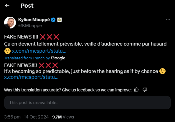 a screenshot of a tweet by kylian mbappe