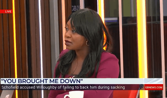 a woman is on a news channel talking about schofield accused willoughby of failing to back him during sacking