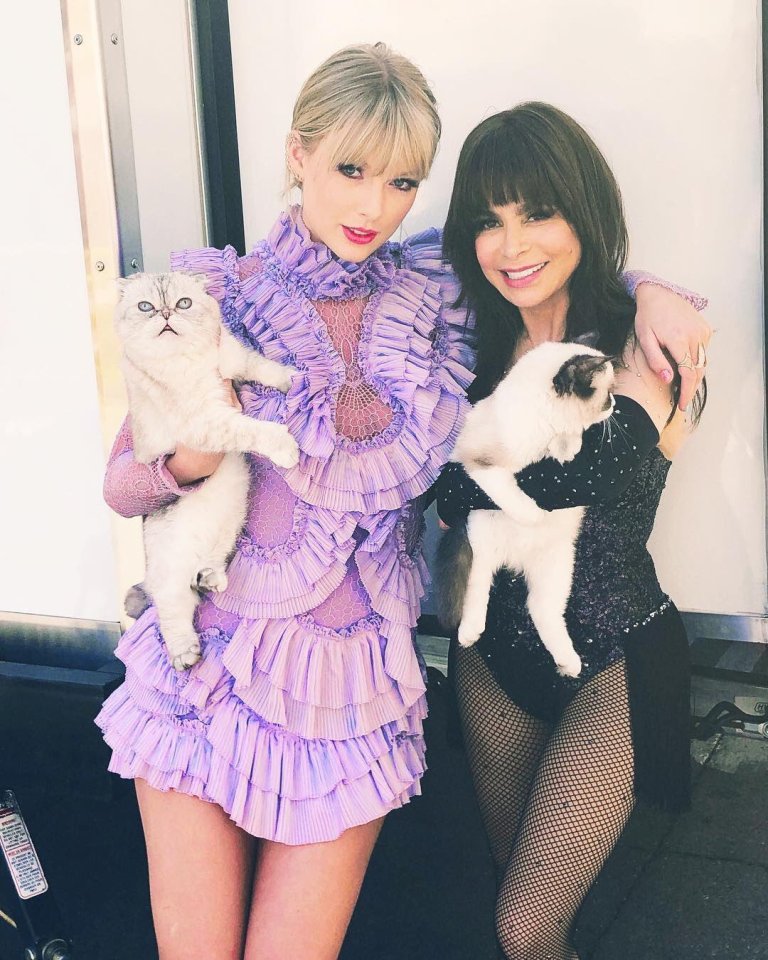 a woman in a purple dress is holding two cats