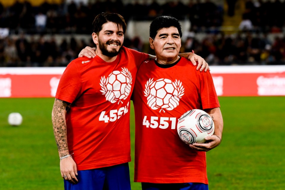 Argentinian soccer legend Diego Armando Maradona (R), poses with his son Diego Armando Maradona jr., (L)  during the 'Match of Peace - United for Peace', charity soccer match promoted by the Schools for Encounter foundation, an organization boosted by Pope Francis, at Olimpico stadium in Rome, Italy, 12 October 2016.  (Photo by Massimo Valicchia/NurPhoto via Getty Images)