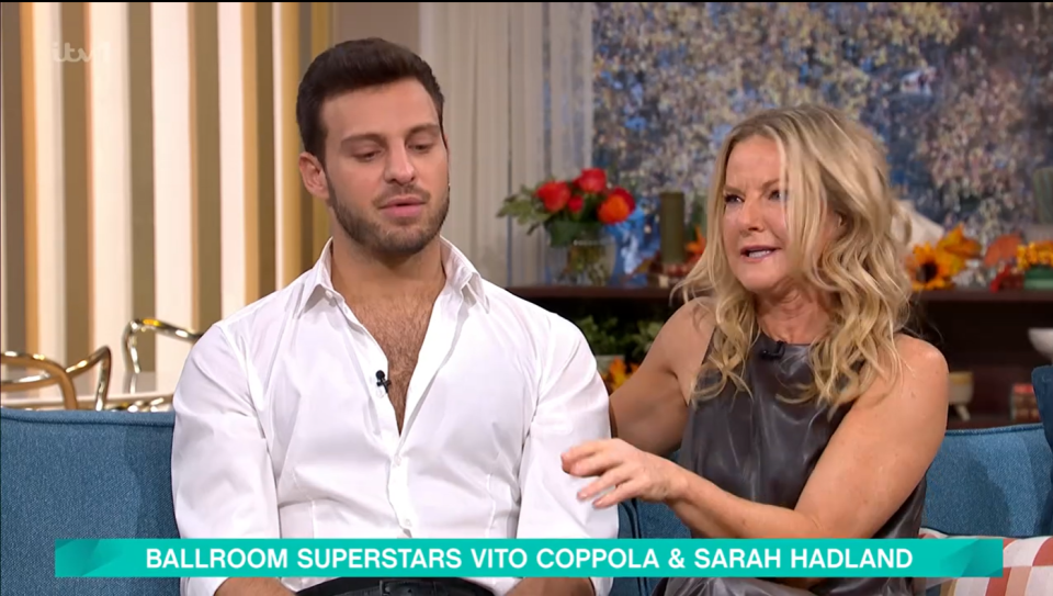 a man and a woman sit on a couch with the words ballroom superstars vito coppola and sarah hadland