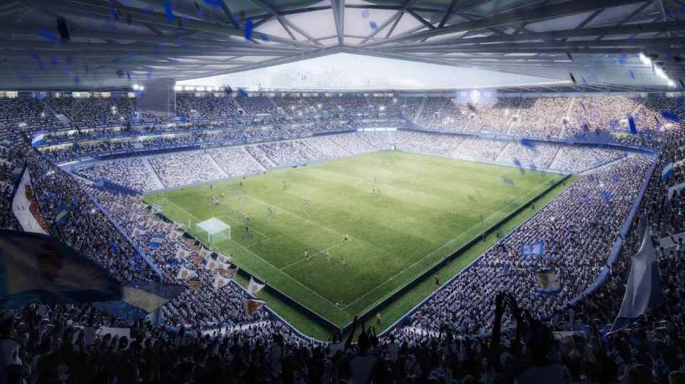 an artist 's impression of a soccer stadium with a few players on the field