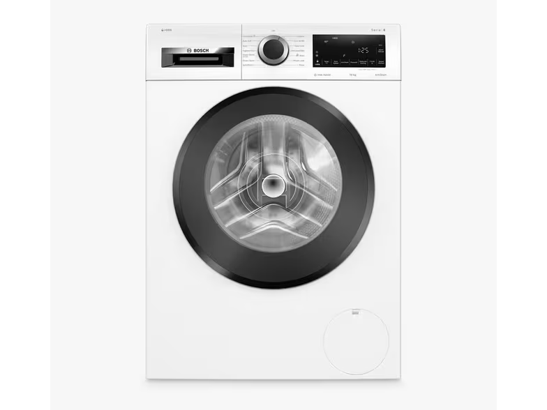 a black and white bosch washing machine with a green background