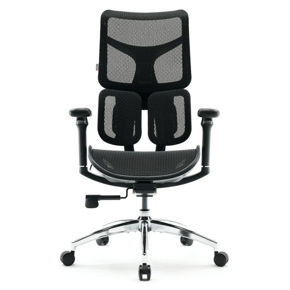 a black mesh office chair with a chrome base