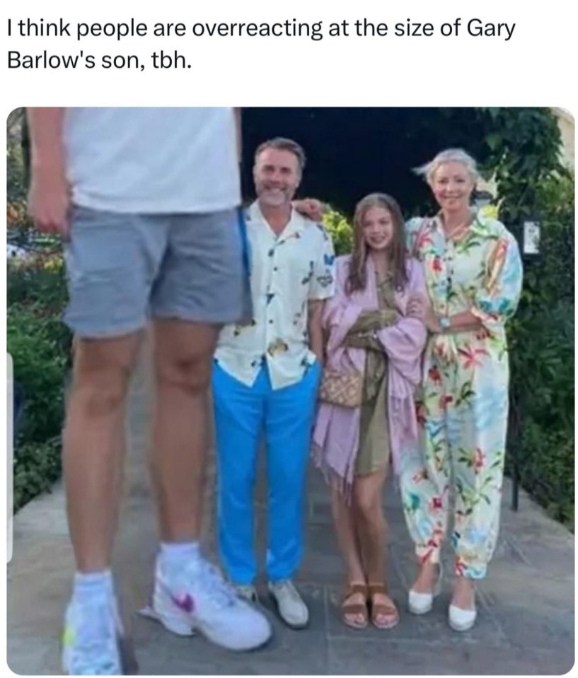 a picture of a family with the caption i think people are overreacting at the size of gary barlow 's son tbh
